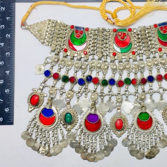 Silver Massive Kuchi Necklace, Tribal Oversized Choker Necklace With Multicolor
